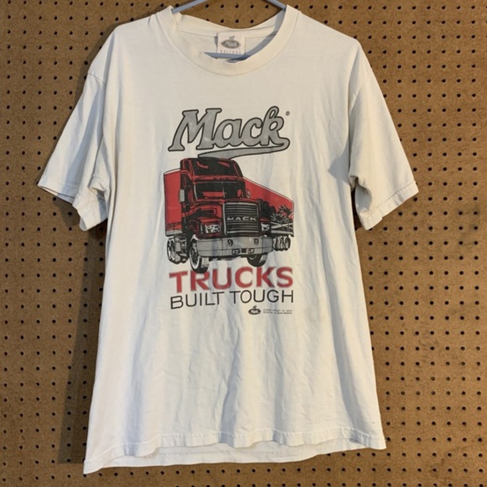 Vintage T-Shirt Tee Short Sleeve Mack Truck Built Tough Bulldog‎ White Large